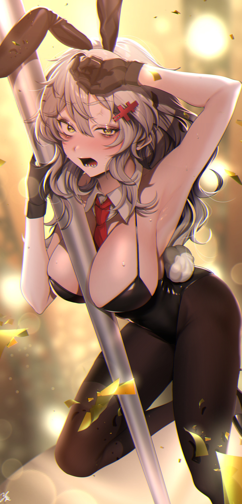1girl, absurdres, animal_ears, armpits, bags_under_eyes, between_breasts, black_gloves, black_leotard, black_pantyhose, blush, breasts, cleavage, detached_collar, fake_animal_ears, gloves, goddess_of_victory:_nikke, hair_ornament, hairclip, highleg, highleg_leotard, highres, jewelry, large_breasts, leotard, long_hair, messy_hair, necklace, necktie, pantyhose, playboy_bunny, pole, rabbit_ears, red_necktie, sharp_teeth, solo, sweat, teeth, white_hair, yellow_eyes, ymr_yamero, yulha_(nikke)