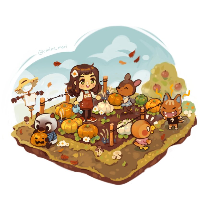 1boy, 4girls, :d, ^_^, animal_crossing, apple, apple_tree, apron