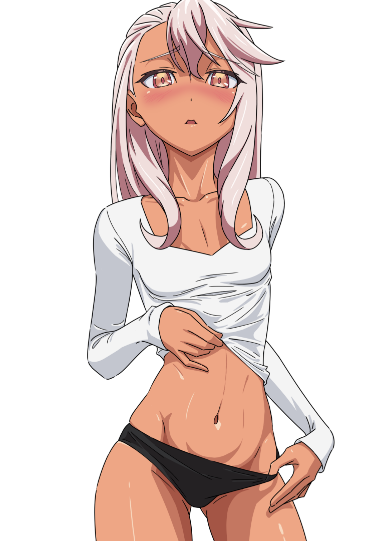 19_chisinlo, 1girl, black_panties, blush, breasts, chloe_von_einzbern, clothes_lift, collarbone