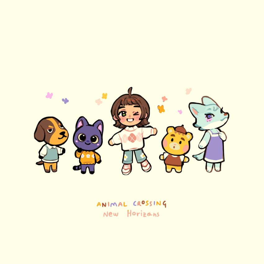 >_o, 2boys, 3girls, :3, :o, ahoge, animal_crossing, bear_boy