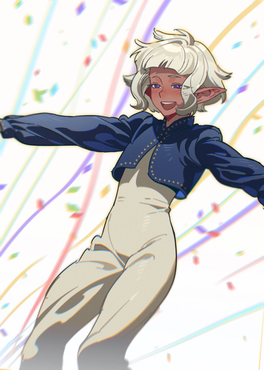 1boy, androgynous, bodysuit, confetti, dark-skinned_male, dark_elf, dark_skin, dungeon_meshi