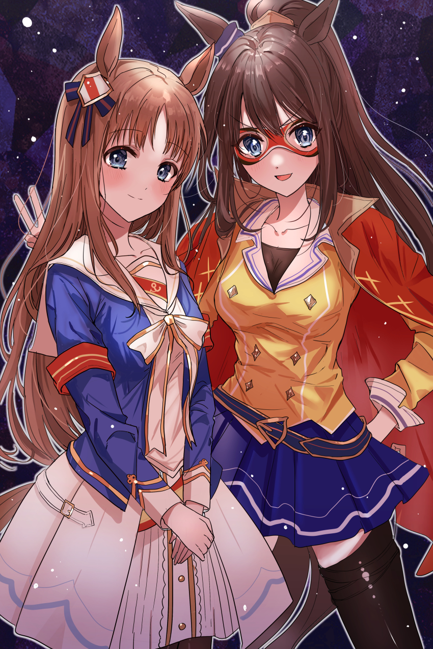 2girls, absurdres, animal_ears, belt, black_belt, black_thighhighs, blouse, blue_eyes