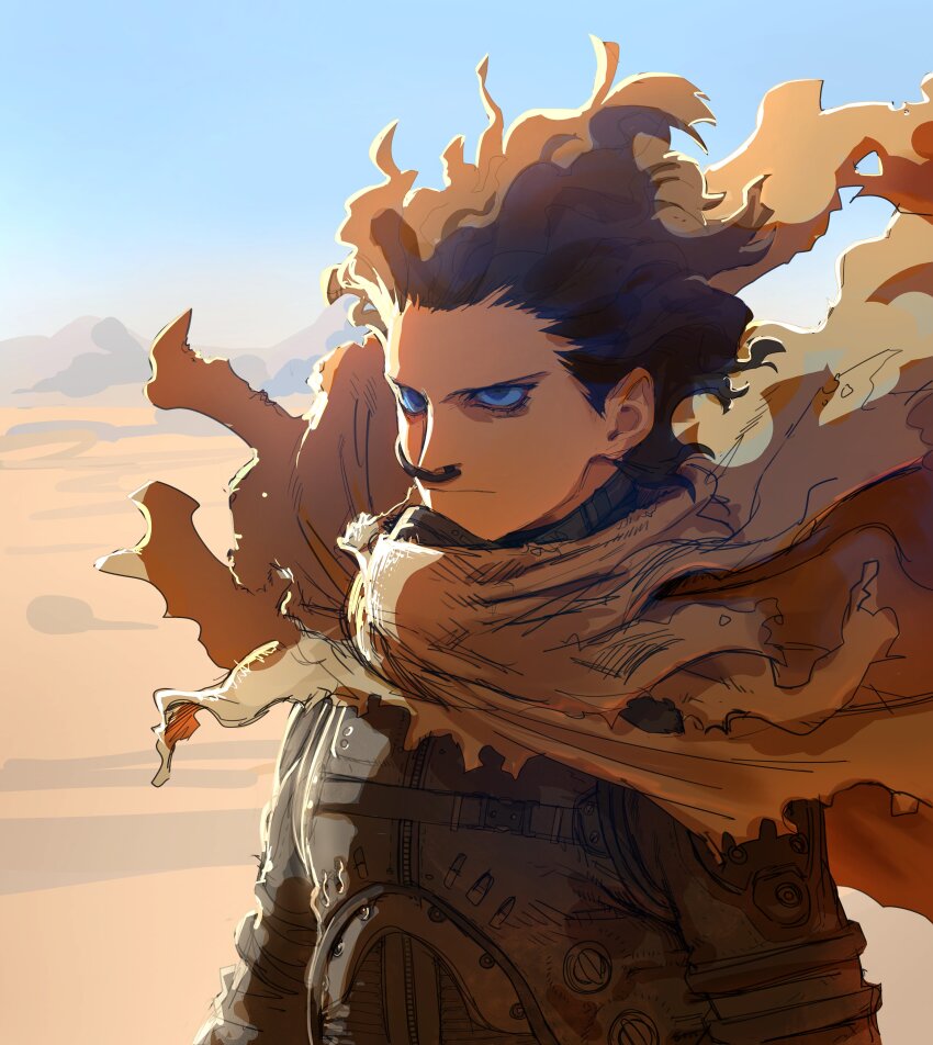 1boy, absurdres, black_bodysuit, blue_eyes, blue_sky, bodysuit, cape, dessert