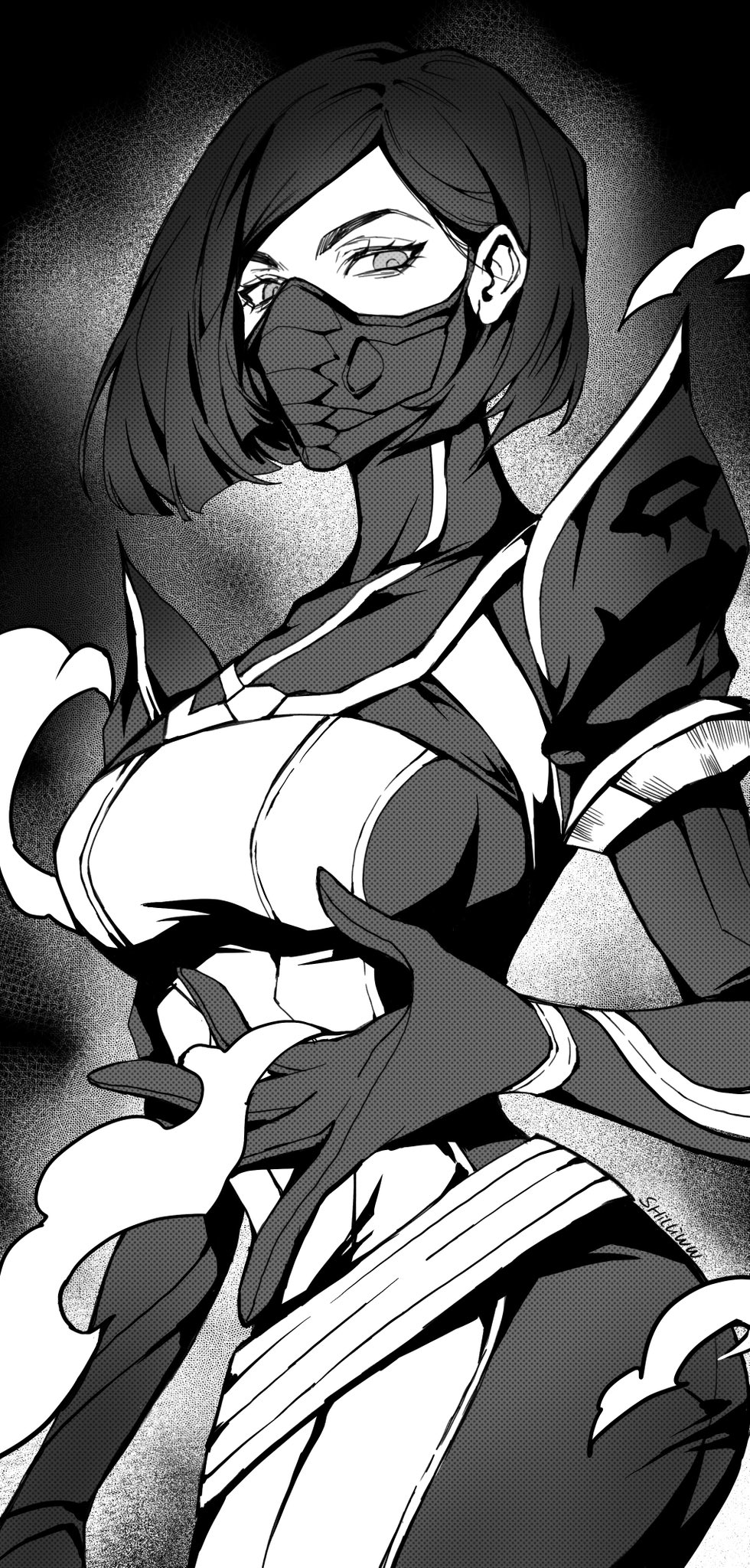 1girl, animification, black_background, bodysuit, gloves, hair_behind_ear, highres, looking_at_viewer, mask, mouth_mask, open_hand, short_hair, smoke, solo, valorant, viper_(valorant), wan_wan