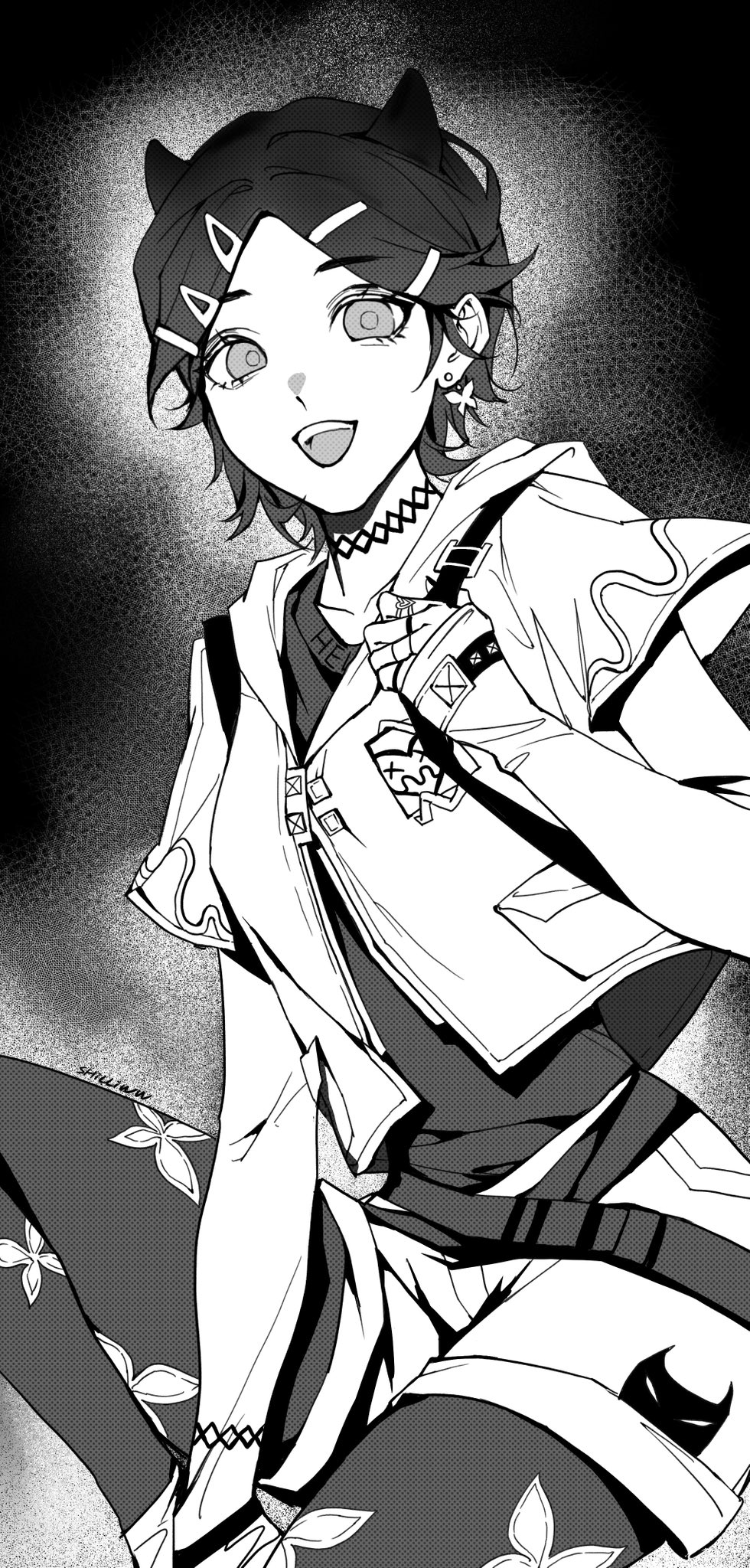 1girl, animal_print, animification, belt, black_background, breasts, butterfly_print, clove_(valorant), genderswap, genderswap_(otf), greyscale, hair_ornament, hairclip, highres, jacket, long_sleeves, looking_at_viewer, monochrome, open_mouth, pantyhose, print_pantyhose, shirt, shorts, sitting, sleeves_past_wrists, small_breasts, smile, solo, valorant, wan_wan