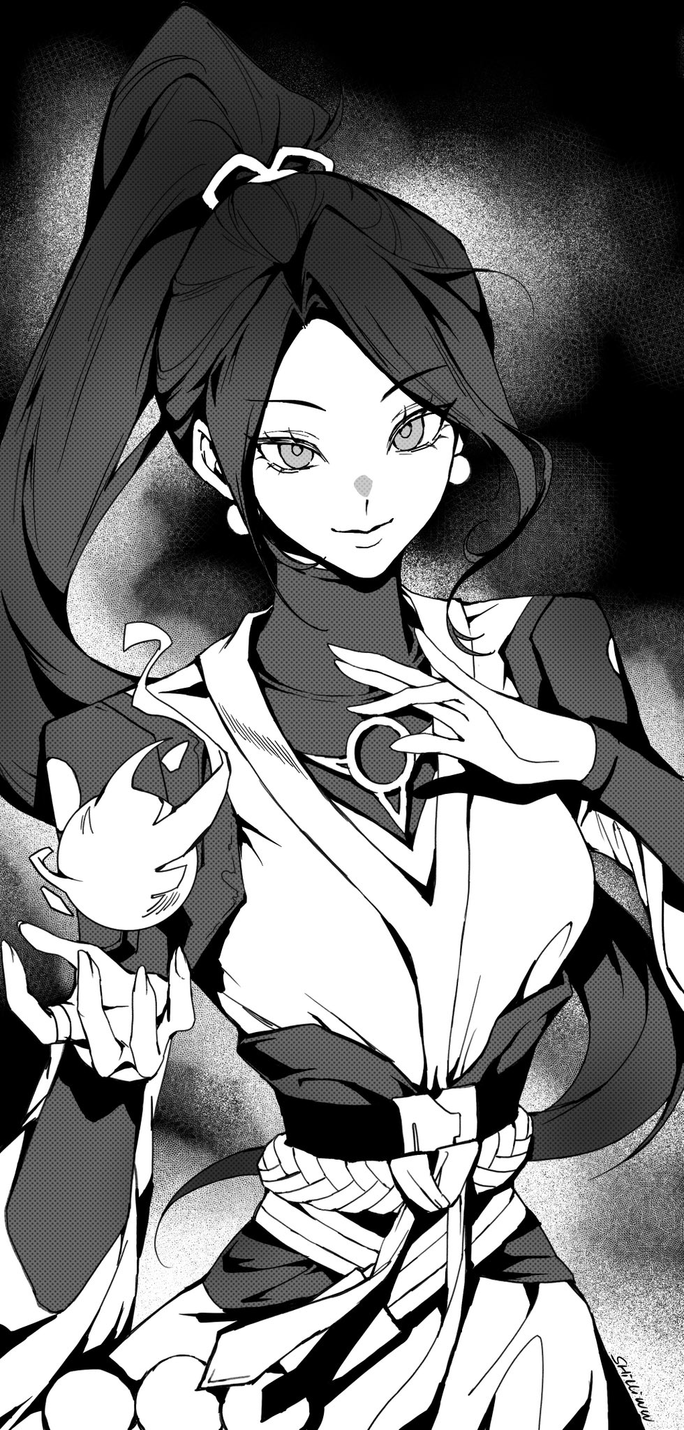 1girl, animification, belt, black_background, earrings, floating_hair, greyscale, hair_behind_ear