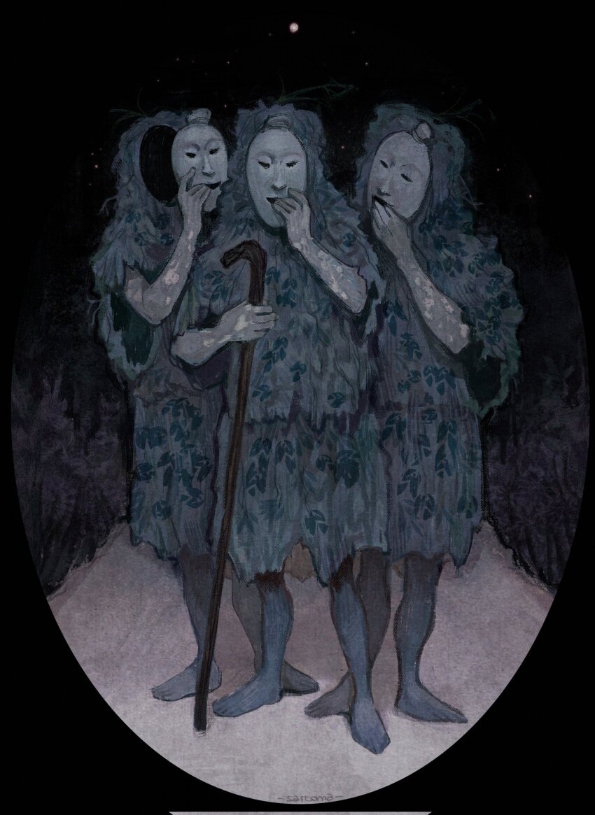 3others, barefoot, cane, dark, doomedsarcoma, highres, holding, holding_cane, holding_mask, horror_(theme), leaf, mask, multiple_others, night, original, outdoors, paantu_festival, standing