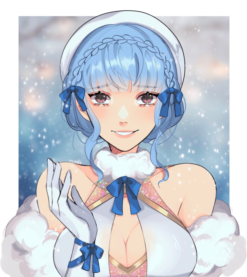 1girl, beret, blue_bow, blue_hair, border, bow, braid, breasts