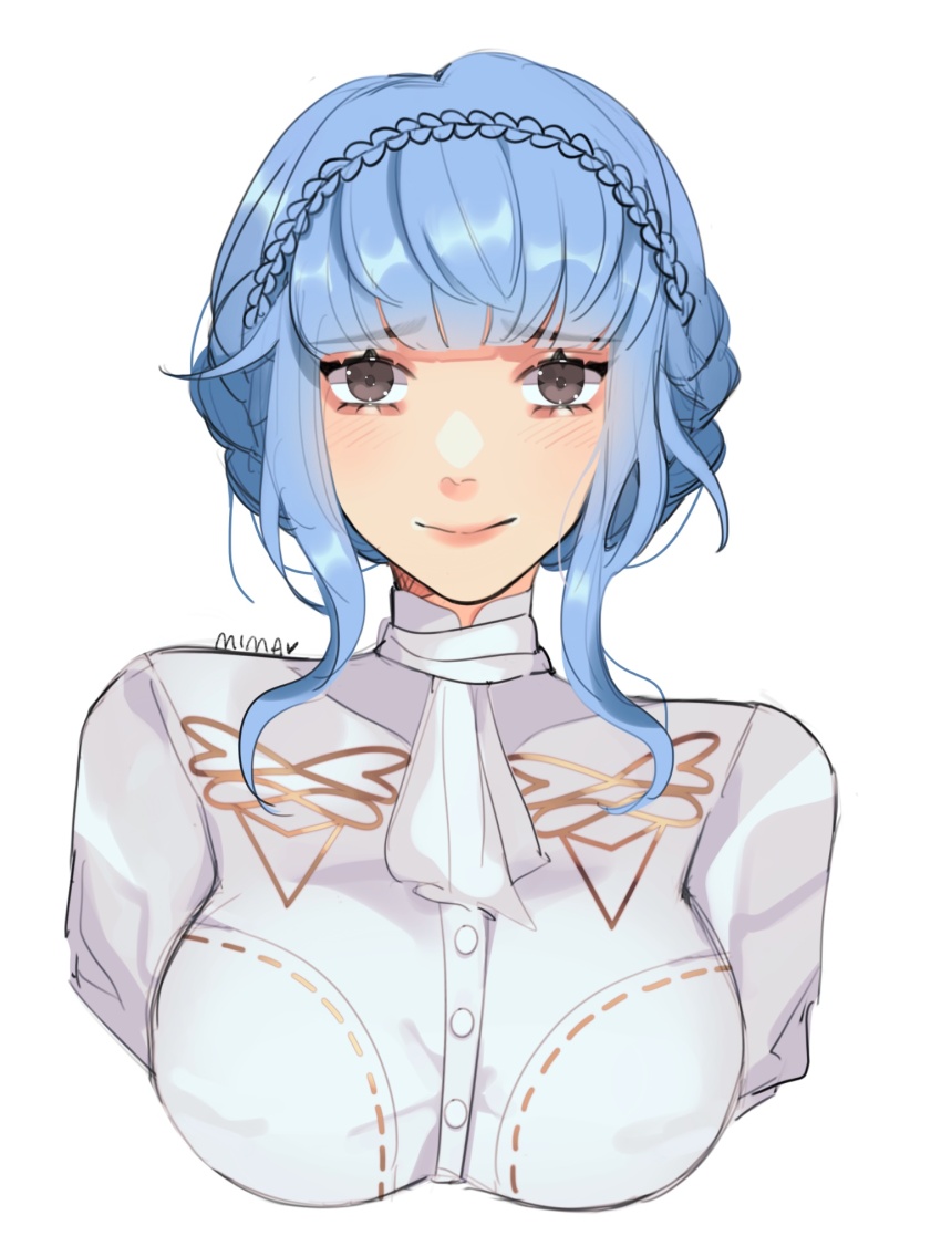 1girl, ascot, black_eyes, blue_hair, blush, braid, commentary, covered_collarbone, crown_braid, english_commentary, fire_emblem, fire_emblem:_three_houses, highres, itsaboutspoons, looking_at_viewer, marianne_von_edmund, nervous, nintendo, portrait, shirt, sidelocks, smile, solo, straight-on, white_ascot, white_background, white_shirt