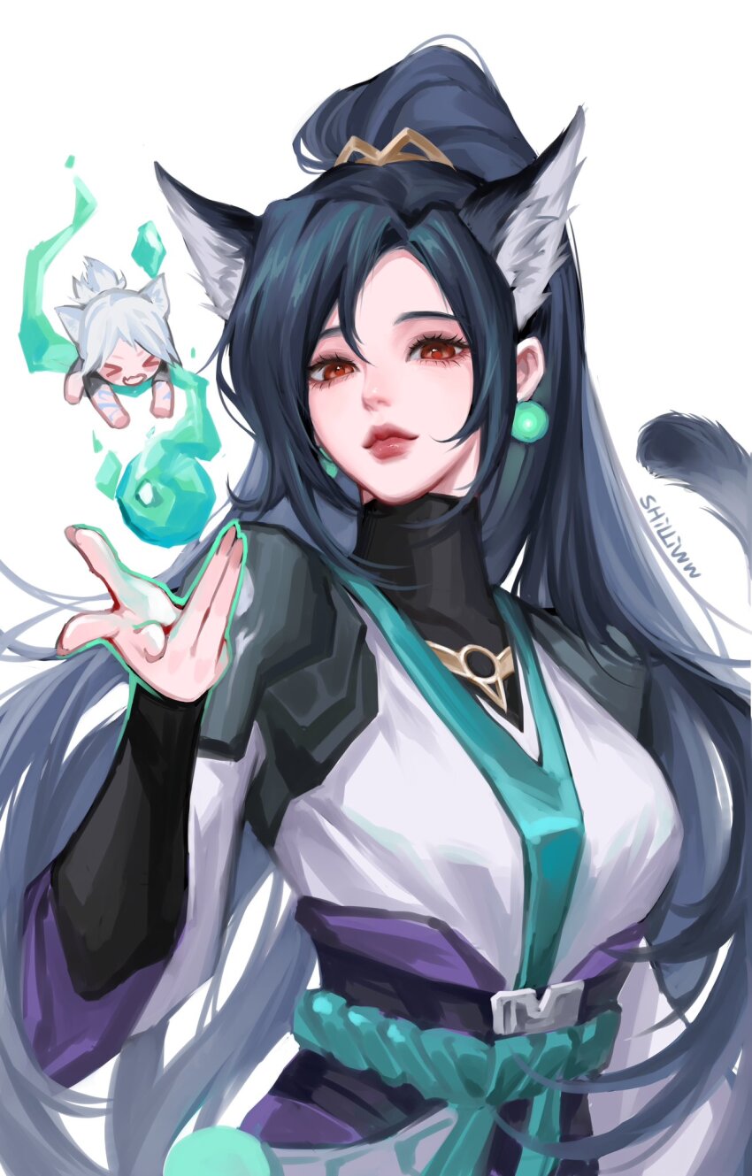 >_<, 2girls, animal_ears, animification, black_hair, blush, breasts, brown_eyes