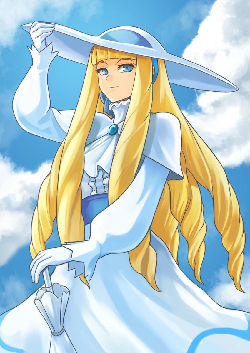 1girl, big_hair, blonde_hair, blue_eyes, capelet, closed_umbrella, cloud, cloudy_sky