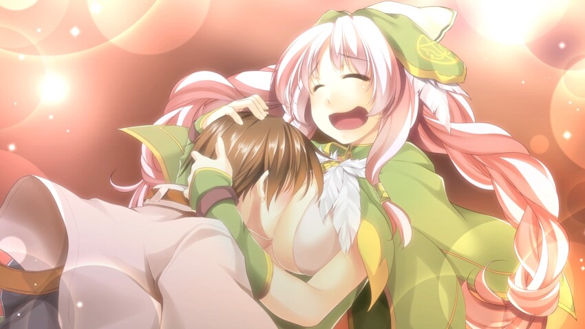 1boy, 1girl, ^_^, alto_travers, arms_around_neck, atelier-moo, between_breasts, blush