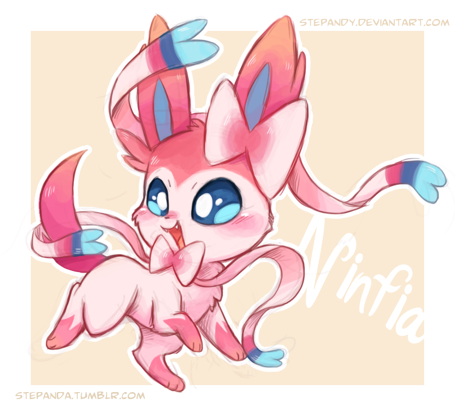 animal_focus, blue_eyes, blush, bow, chibi, fangs, gen_6_pokemon, happy, nintendo, no_humans, open_mouth, pokemon, pokemon_(creature), ribbon, smile, solo, stepandy, sylveon