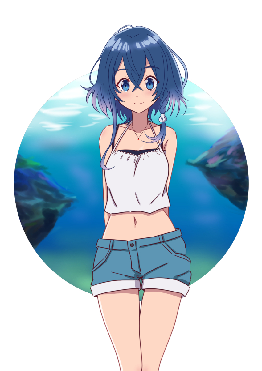 1girl, arms_behind_back, blue_eyes, blue_hair, blue_shorts, braid, camisole, closed_mouth