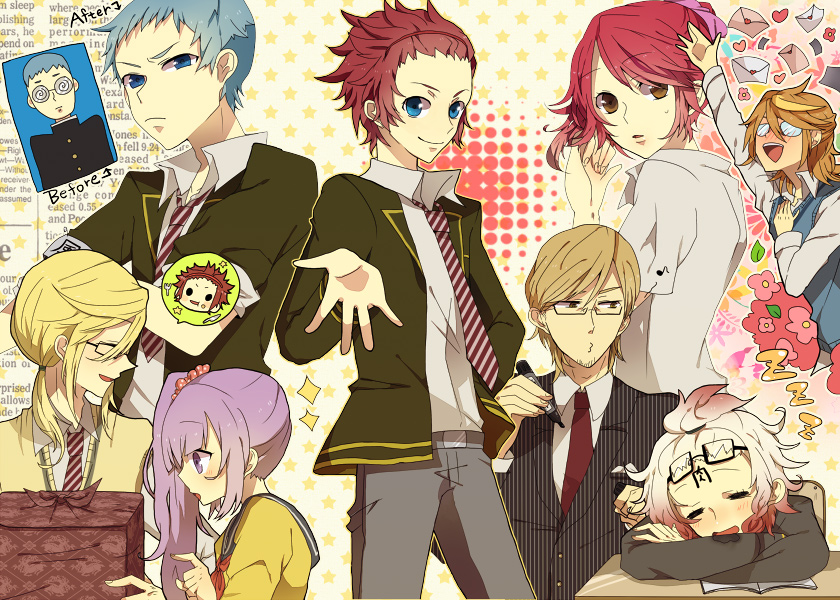 3girls, 5boys, alternate_costume, alternate_hairstyle, asbel_lhant, bad_id, bad_pixiv_id, blonde_hair, blue_eyes, blue_hair, brothers, brown_hair, cheria_barnes, cheria_barnes_(campus_cutie), closed_eyes, forehead, glasses, gradient_hair, high_ponytail, high_side_ponytail, hubert_ozwell, jacket, malik_caesars, marker, multicolored_hair, multiple_boys, multiple_girls, necktie, official_alternate_costume, pascal_(grade-grubbing_senior)_(tales), pascal_(tales), pink_hair, ponytail, purple_eyes, purple_hair, red_hair, reimon, richard_(tales), saliva, shigure_wasa, siblings, side_ponytail, sleeping, sophie_(middle-school_mascot)_(tales), sophie_(tales), tales_of_(series), tales_of_graces, white_hair, ws_(pixiv)