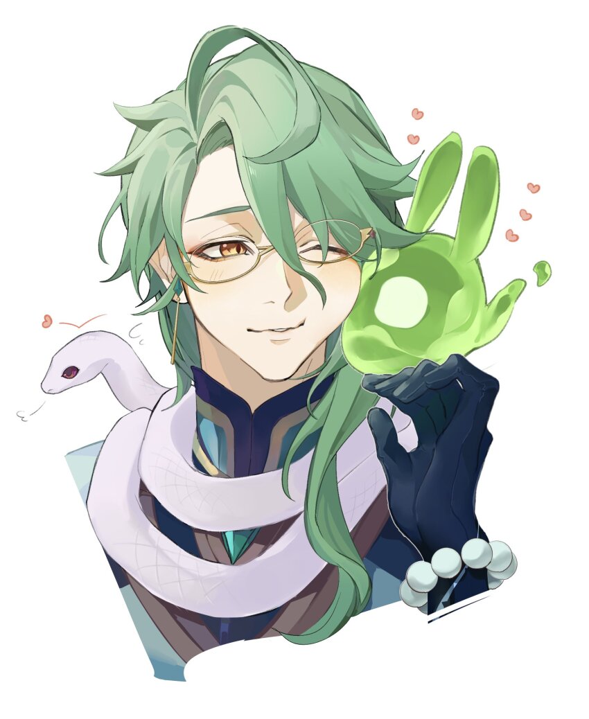 1boy, ahoge, baizhu_(genshin_impact), bead_bracelet, beads, black_gloves, blush, bracelet