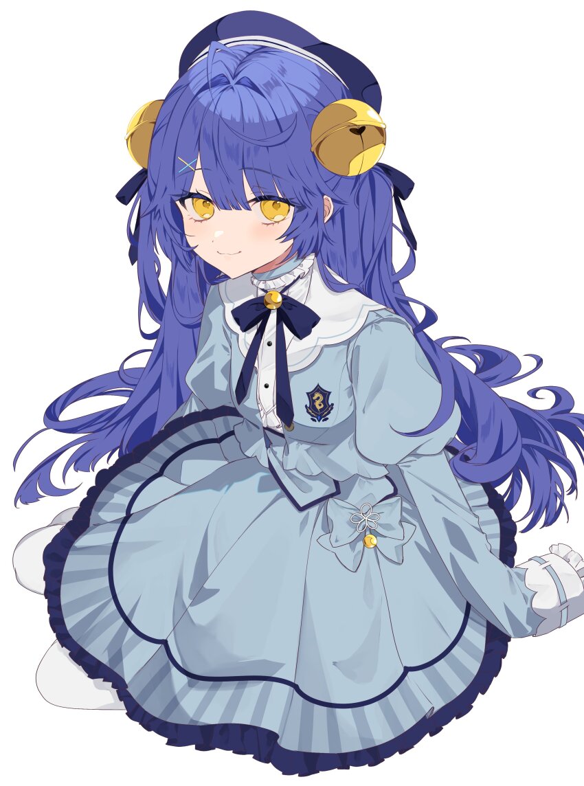 1girl, absurdres, ahoge, amamiya_kokoro, bell, blue_dress, blue_hair, blush