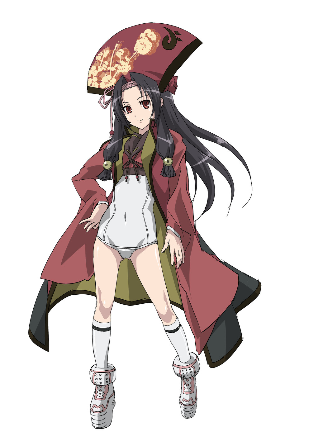 1girl, black_hair, coat, female_focus, hair_ornament, hand_on_own_hip, hat, highres