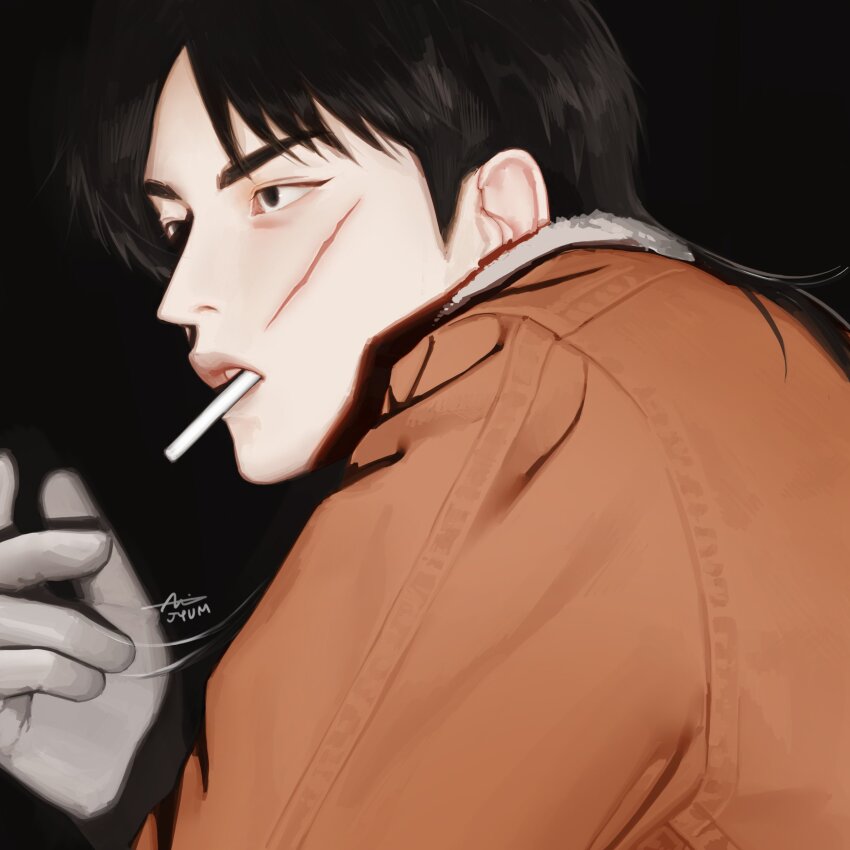 1boy, absurdres, black_background, black_eyes, black_hair, bomber_jacket, brown_jacket, cigarette