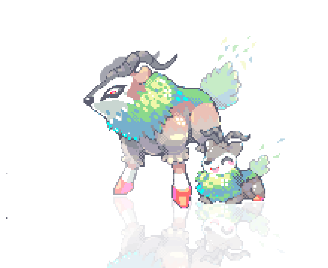 ^_^, animal_focus, closed_eyes, commentary, evolutionary_line, gen_6_pokemon, goat, gogoat