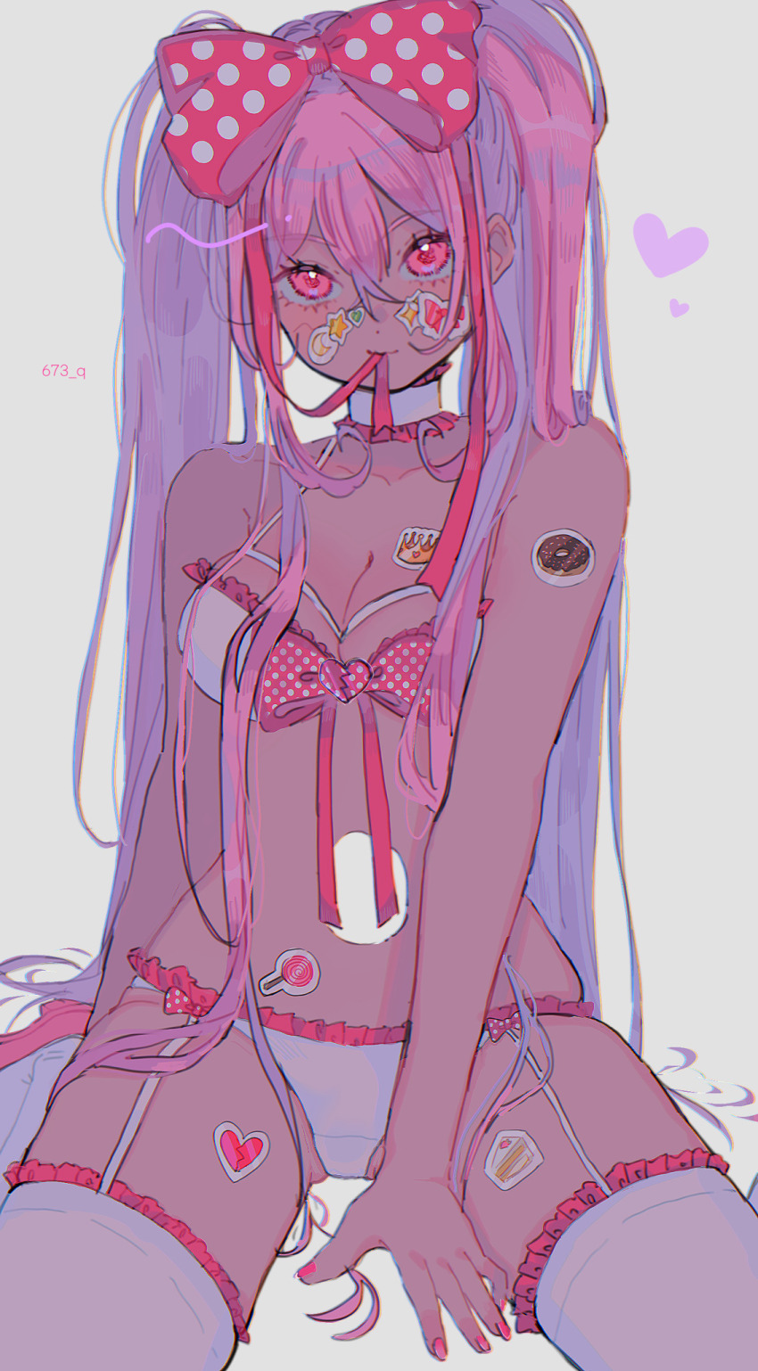 1girl, 673_q, arm_behind_back, artist_name, bare_arms, between_legs, bow, bow_bra