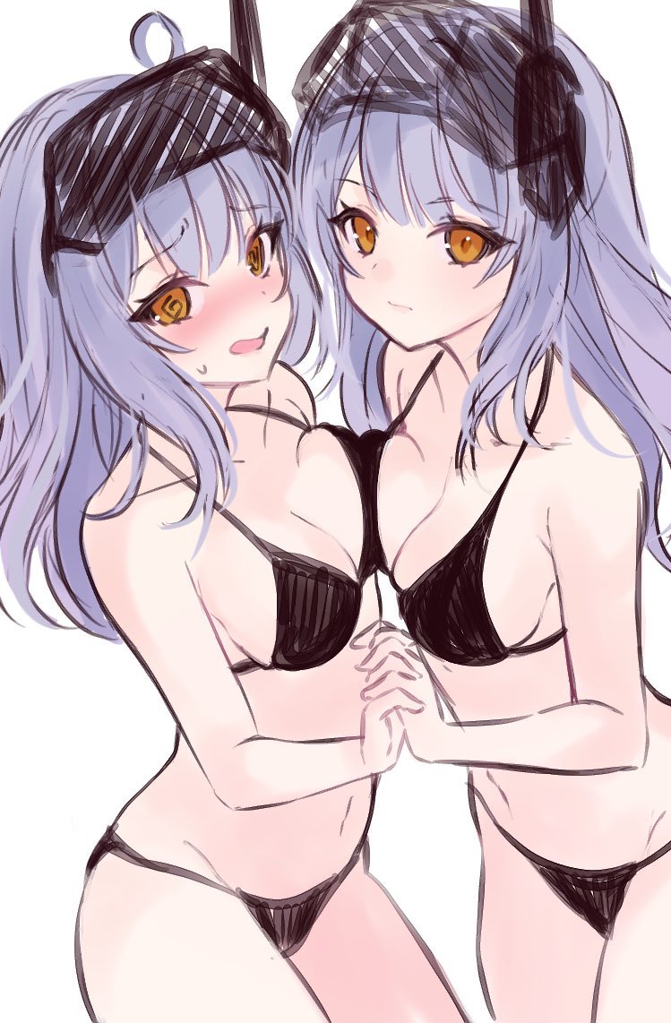 2girls, @_@, ahoge, bare_shoulders, bikini, black_bikini, blush, breast_press