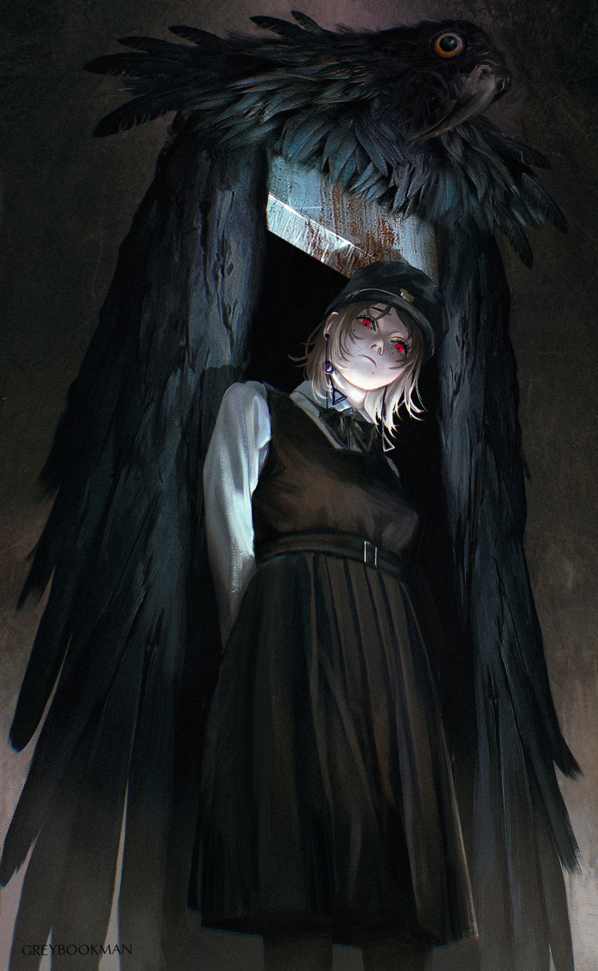 1girl, bird, blood, chainsaw_man, crow, fami_(chainsaw_man), fourth_east_high_school_uniform, greybookman, guillotine, guillotine_devil_(chainsaw_man), head_tilt, highres, long_skirt, looking_at_viewer, looking_down, red_eyes, school_uniform, short_hair, skirt, solo