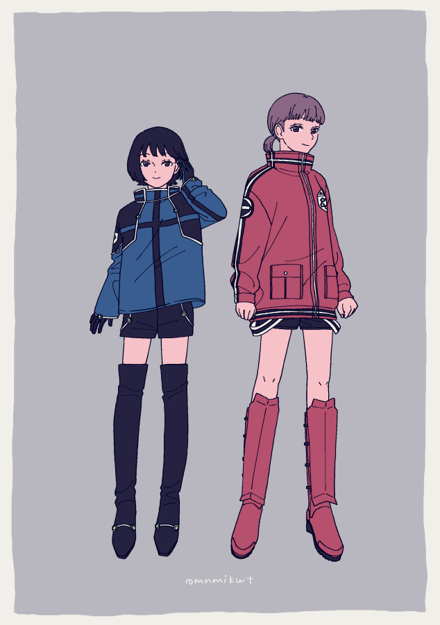 2girls, alternate_costume, arashiyama_squad's_uniform, arms_at_sides, badge, black_gloves, black_shorts, blunt_bangs, bob_cut, boots, border, closed_mouth, full_body, gloves, grey_background, grey_hair, hair_flip, hand_in_own_hair, hand_up, jacket, kazama_squad's_uniform, knee_boots, kobayakawa_an, long_sleeves, looking_at_viewer, mikami_kaho, mnmikwt, multiple_girls, pocket, ponytail, red_footwear, red_jacket, short_hair, short_shorts, shorts, simple_background, smile, standing, thigh_boots, world_trigger