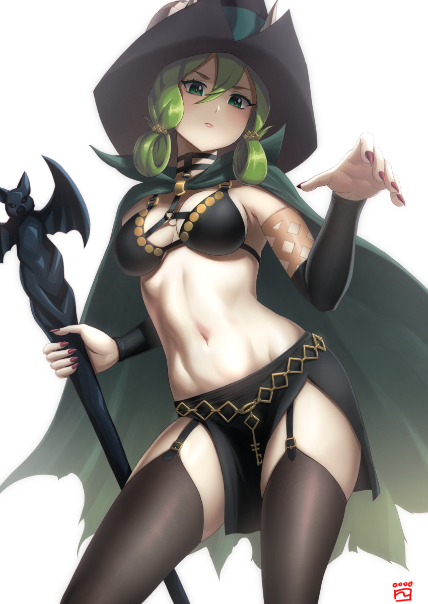 1girl, arm_warmers, bikini, black_bikini, black_choker, black_skirt, black_thighhighs, breasts, choker, cleavage, cloak, closed_mouth, commentary_request, cowboy_shot, fake_horns, finalcake, folded_hair, garter_straps, green_cloak, green_eyes, green_hair, groin, hair_between_eyes, hat, highres, holding, holding_staff, horned_hat, horned_headwear, horns, key, long_hair, looking_at_viewer, medium_breasts, midriff, navel, no_freckles, o-ring_strap, partial_commentary, red_nails, side_slit, sidelocks, signature, simple_background, skindentation, skirt, solo, staff, standing, swimsuit, thighhighs, unicorn_overlord, white_background, witch_hat, yahna_(unicorn_overlord)