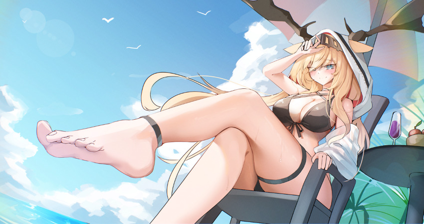 1girl, absurdres, animal_ears, antlers, horns_through_headwear, horns_through_hood, arknights, awun, barefoot, bikini, black_bikini, blue_sky, breasts, chair, cloud, crossed_legs, deer_antlers, deer_ears, deer_girl, drink, ears_through_hood, hat_on_horn, highres, horns, large_breasts, outdoors, sky, smile, soles, sweat, swimsuit, thigh_strap, toes, viviana_(arknights)