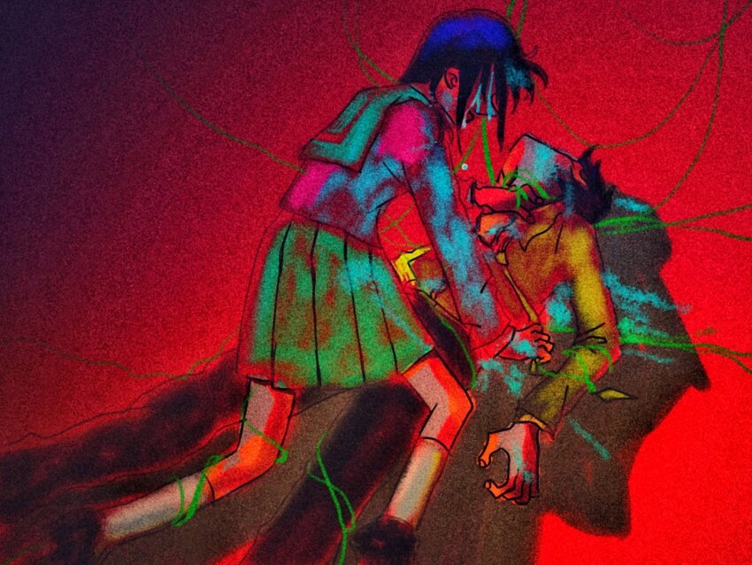 1boy, 1girl, black_footwear, black_hair, black_pants, blue_hair, blue_sailor_collar, blue_skirt, cable, chinese_commentary, clothes_grab, collared_shirt, commentary_request, crying, feet_out_of_frame, fingernails, girl_on_top, gud_490811, kneehighs, long_sleeves, lying, miniskirt, neckerchief, necktie, necktie_grab, neckwear_grab, on_back, open_mouth, original, pants, pink_shirt, pink_sleeves, pleated_skirt, red_background, sailor_collar, school_uniform, serafuku, shadow, shirt, shoes, short_hair, simple_background, skirt, socks, strangling, streaming_tears, tears, upper_body, white_socks, yellow_neckerchief, yellow_shirt, yellow_sleeves