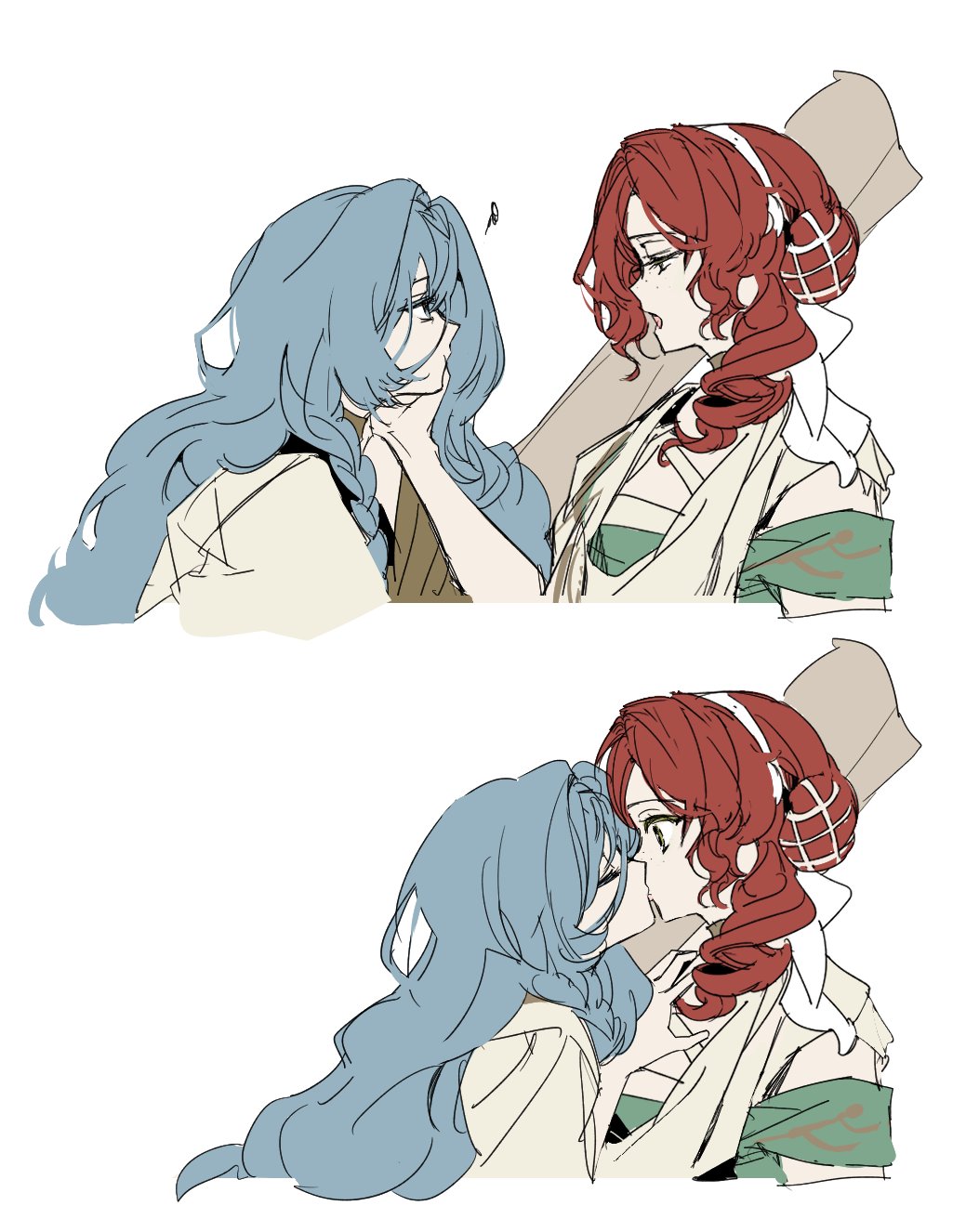 24heeju, 2girls, 37_(reverse:1999), ancient_greek_clothes, blue_eyes, blue_hair, closed_eyes, eye_contact, freckles, greco-roman_clothes, hairband, hand_on_another's_face, highres, kiss, long_hair, looking_at_another, multiple_girls, open_mouth, red_hair, reverse:1999, robe, simple_background, sophia_(reverse:1999), upper_body, white_background, white_hairband, white_robe, yuri