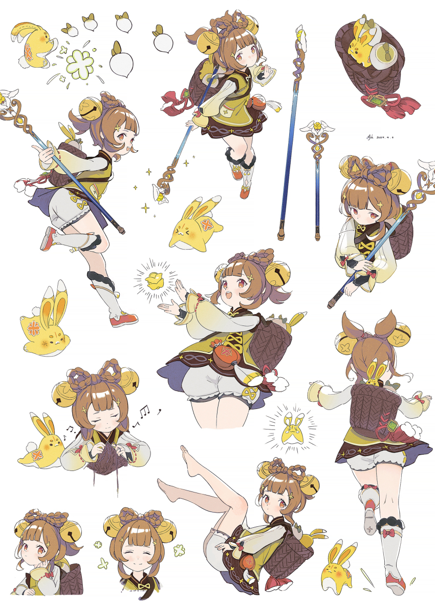 1girl, absurdres, backpack_basket, bell, bloomers, blunt_bangs, blush, bow-shaped_hair