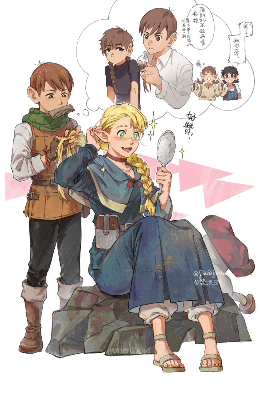 1boy, 1girl, absurdres, age_difference, alternate_hairstyle, armor, asymmetrical_bangs, belt_pouch, black_pants, blonde_hair, blue_capelet, blue_robe, blush, braid, braiding_hair, brown_footwear, brown_hair, capelet, chilchuck_tims, child, choker, collared_shirt, comb, dimples, dungeon_meshi, elf, father_and_child, father_and_daughter, fingerless_gloves, freckles, fullertom_(dungeon_meshi), gaozijie422, gloves, green_eyes, green_scarf, hair_tie, hairdressing, hand_mirror, hands_up, height_difference, highres, holding, holding_comb, holding_mirror, holding_own_hair, imagining, leather_armor, long_hair, long_sleeves, looking_at_mirror, looking_down, marcille_donato, mayjack_(dungeon_meshi), mirror, mouth_hold, mushroom, official_alternate_hairstyle, open_mouth, packpatty_(dungeon_meshi), pants, parent_and_child, pointy_ears, pouch, remembering, robe, rock, sandals, scarf, shirt, short_hair, siblings, sisters, sitting, sleeves_rolled_up, speech_bubble, standing, teeth, thought_bubble, toenails, toes, twitter_username, upper_teeth_only, walking_mushroom_(dungeon_meshi), white_pants, white_shirt