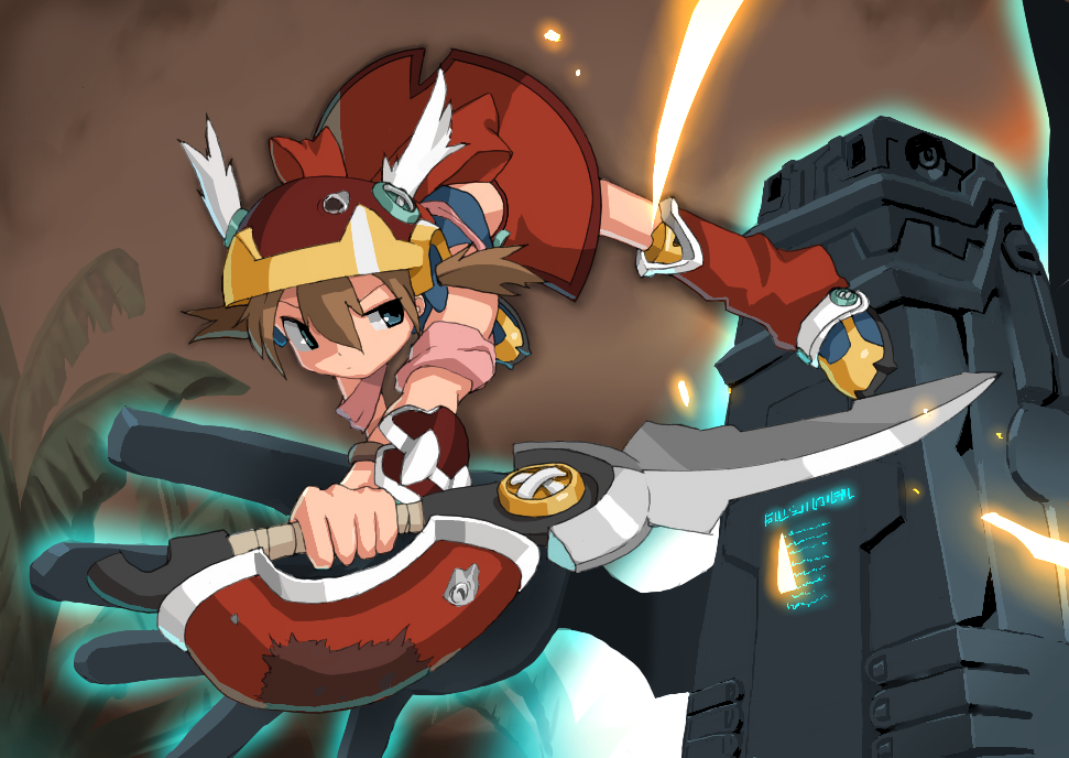 1girl, akazukin_(otogi-juushi_akazukin), arm_guards, arm_warmers, blue_eyes, blue_footwear, blue_shirt, brown_background