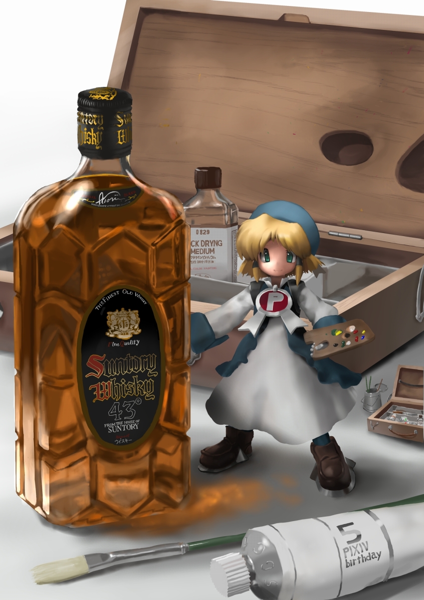 1girl, alcohol, blonde_hair, blue_hat, blue_jacket, bottle, brown_footwear, closed_mouth, dress, english_text, full_body, green_eyes, grey_dress, hair_tubes, hat, highres, holding, holding_paint_palette, jacket, long_sleeves, looking_at_viewer, mini_person, minigirl, paint_palette, paintbrush, pixiv, pixiv-tan, short_hair, smile, solo, soutasan, standing, suntory, translation_request, whiskey