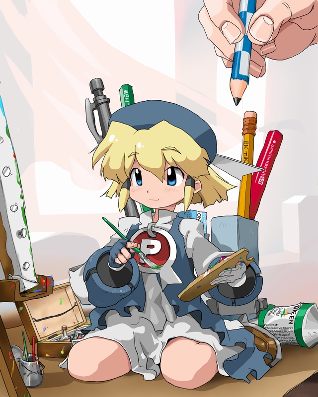 1girl, asymmetrical_gloves, beret, blonde_hair, blue_eyes, blue_hat, closed_mouth, dress