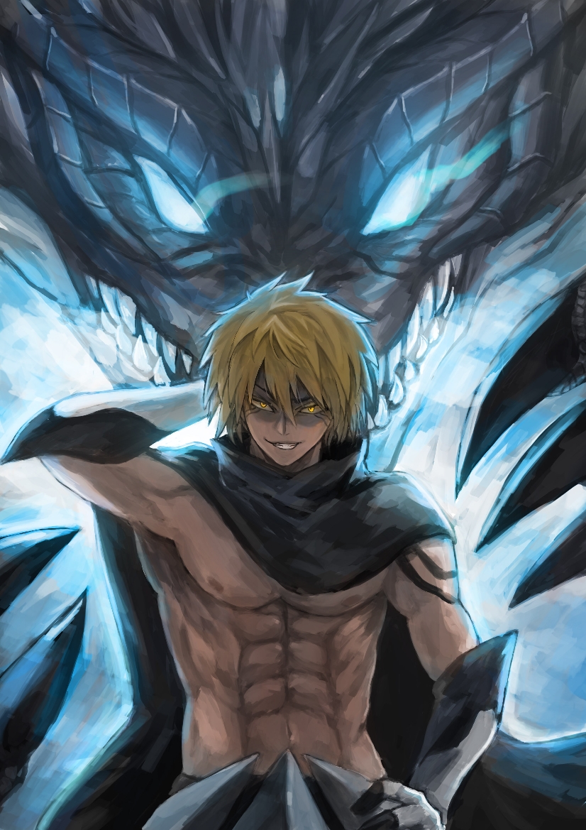 1boy, abs, black_cape, blonde_hair, cape, dragon, gauntlets, grin, kingra_duel, looking_at_viewer, sharp_teeth, short_hair, smile, teeth, tensei_shitara_slime_datta_ken, upper_body, veldora_(tensura), yellow_eyes