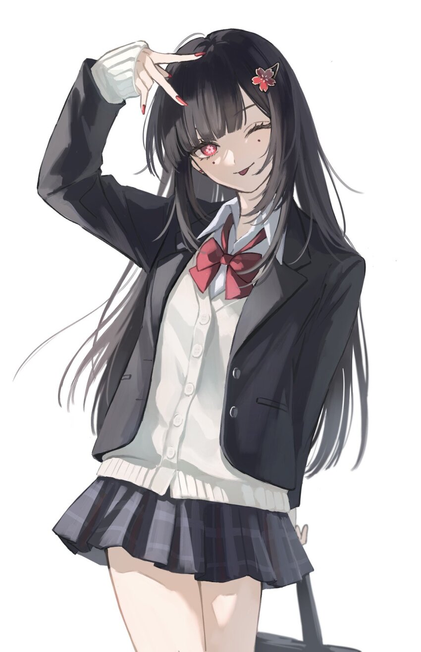 1girl, arm_up, bag, black_bag, black_coat, black_hair, black_skirt, bow