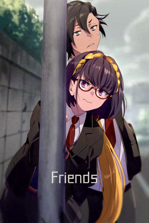 1boy, 1girl, black_hair, black_jacket, blonde_hair, breasts, brown_hair, echo_(circa)