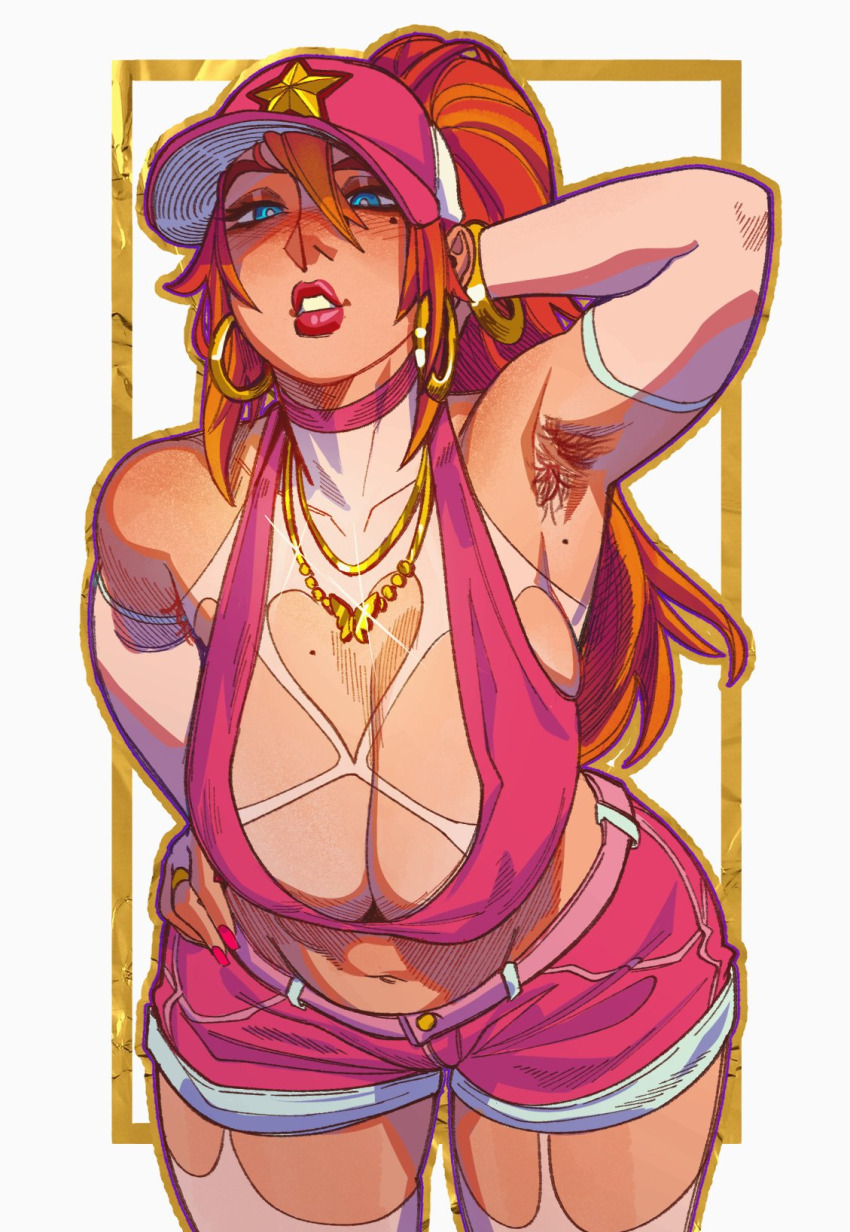 1girl, armpit_hair, armpits, baseball_cap, bent_over, blue_eyes, bracelet, breasts, choker, commentary, crop_top, earrings, english_commentary, gold_bracelet, gold_earrings, gold_necklace, hand_on_own_head, hand_on_own_hip, hat, highres, hoop_earrings, huge_breasts, jewelry, long_hair, looking_at_viewer, nastacic, natalie_(nastacic), navel, necklace, orange_hair, original, pink_choker, pink_hat, pink_nails, pink_shirt, pink_shorts, ponytail, shirt, short_shorts, shorts, sleeveless, sleeveless_shirt, solo, tan, tanline