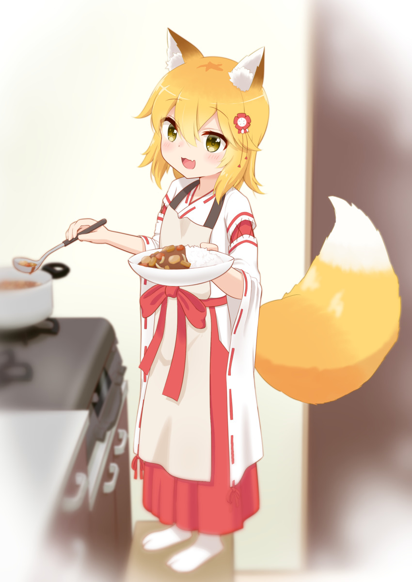 1girl, :3, :d, absurdres, animal_ear_fluff, animal_ears, apron, blonde_hair, blush, brown_apron, chair, commentary_request, cooking_pot, curry, curry_rice, fang, flower, food, fox_ears, fox_girl, fox_tail, hair_between_eyes, hair_flower, hair_ornament, hakama, hakama_skirt, hanazora_satsuki, highres, holding, holding_ladle, holding_plate, japanese_clothes, kimono, ladle, looking_at_viewer, miko, on_chair, on_stool, open_mouth, plate, red_flower, red_hakama, ribbon_trim, rice, senko_(sewayaki_kitsune_no_senko-san), sewayaki_kitsune_no_senko-san, skin_fang, skirt, smile, socks, solo, standing, standing_on_chair, stool, stove, tail, vignetting, white_kimono, white_socks, wide_sleeves, yellow_eyes