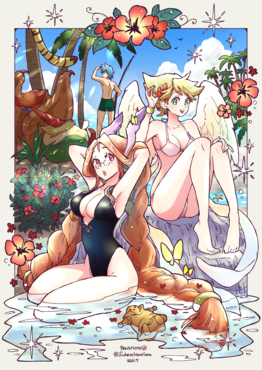 2girls, 3boys, absurdres, angel_wings, animal_ears, bikini, black_one-piece_swimsuit, blonde_hair