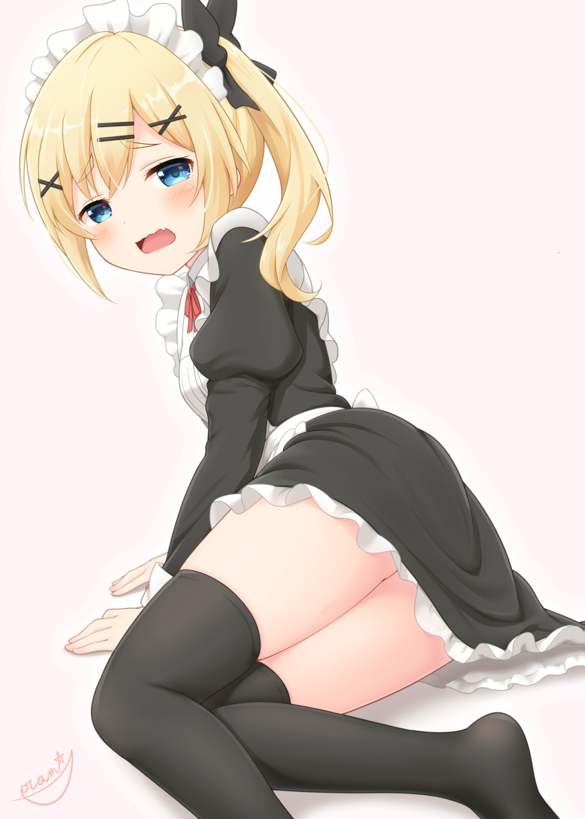1girl, absurdres, apron, black_dress, black_thighhighs, blonde_hair, blue_eyes, blush