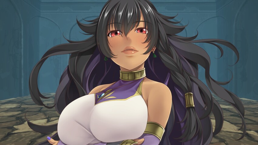 1girl, atelier-moo, bare_shoulders, black_hair, braid, breasts, closed_mouth, collar