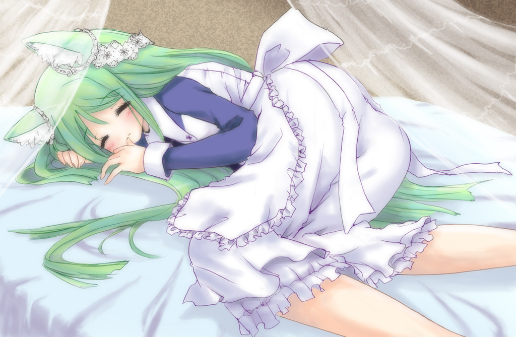 1girl, 7th_dragon, 7th_dragon_(series), animal_ears, arietta_(7th_dragon), cat_ears, closed_eyes, female_focus, green_hair, kitagawa_mikio, long_hair, maid, mikio, sleeping, solo