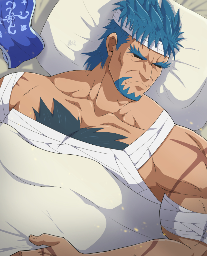 1boy, armband, bandaged_head, bandages, bara, beard, bucchigiri?!, chest_hair
