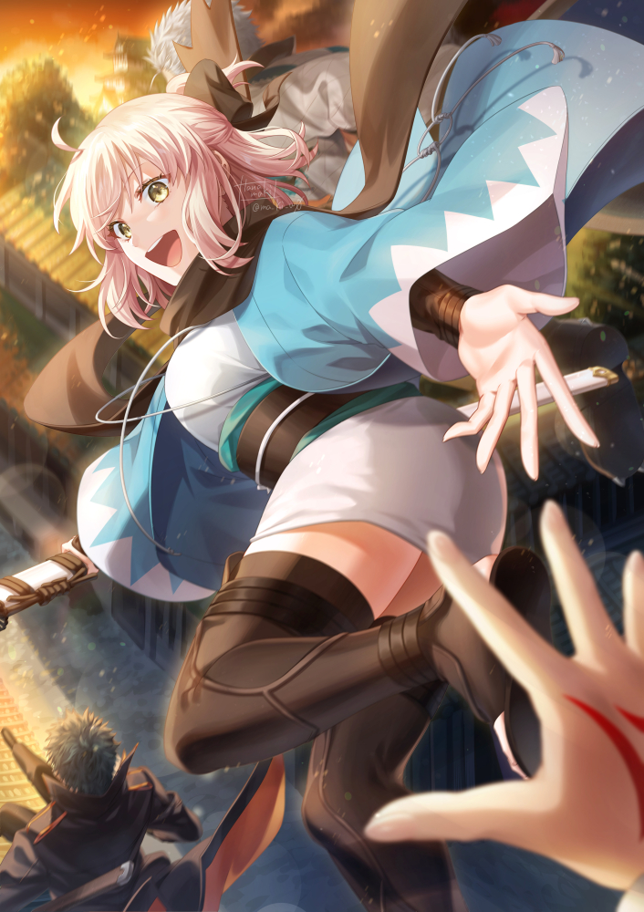 1girl, 2boys, ahoge, black_bow, black_scarf, black_suit, blonde_hair, blue_hair