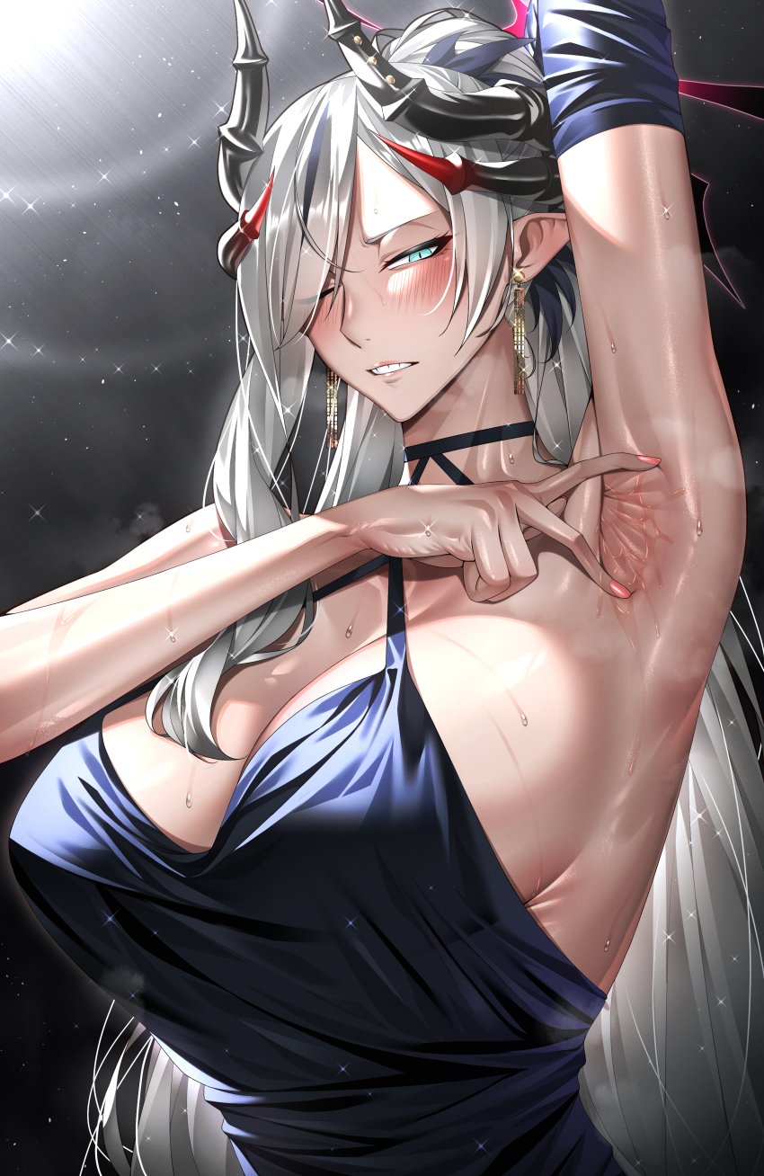 absurdres, arm_up, armpit_focus, armpits, blue_archive, blue_eyes, blush, dress, grey_hair, halo, highres, horns, kome_cola, makoto_(blue_archive), makoto_(dress)_(blue_archive), one_eye_closed, presenting_armpit, red_halo, smelly_armpits, solo, spread_armpit, steaming_body, sweat, teeth, upper_body