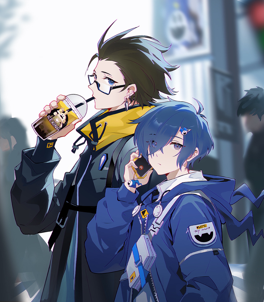 2boys, black-framed_eyewear, black_coat, black_hair, blue_coat, blue_eyes, blue_hair, blurry